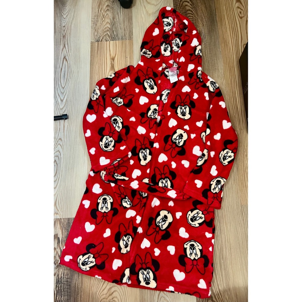 Disney Minnie Mouse Girls Red Hearts Plush Hooded Fleece Robe Size L 10
